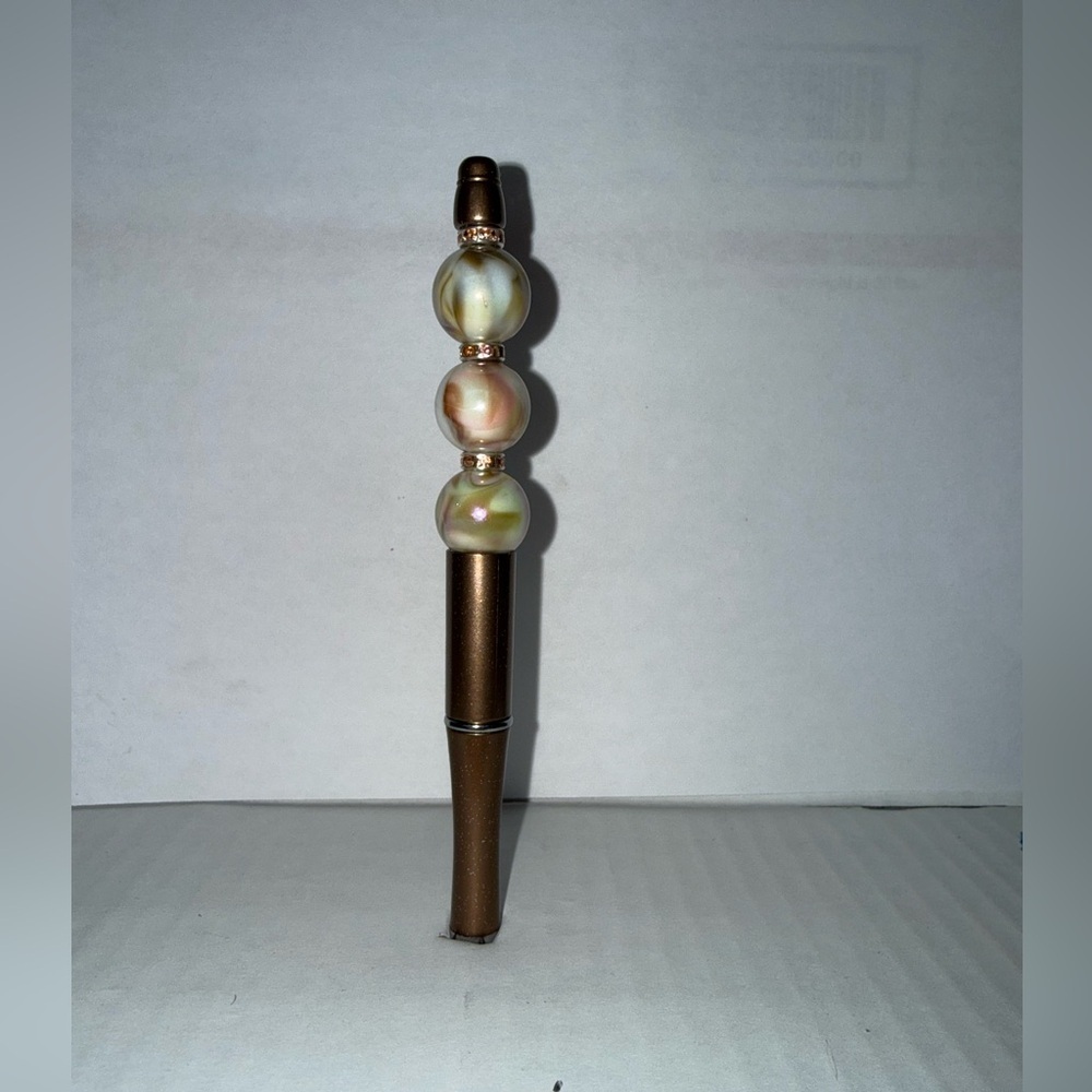 Handmade Beaded Pen- Brown pen with Tan Tone Marble Resin Beads